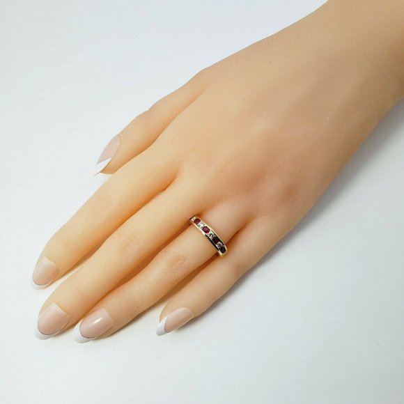 Vintage 14 Karat Yellow Gold Lab Created Ruby Diamond Band Ring Size 6.5 #11435 - Picture 8 of 9